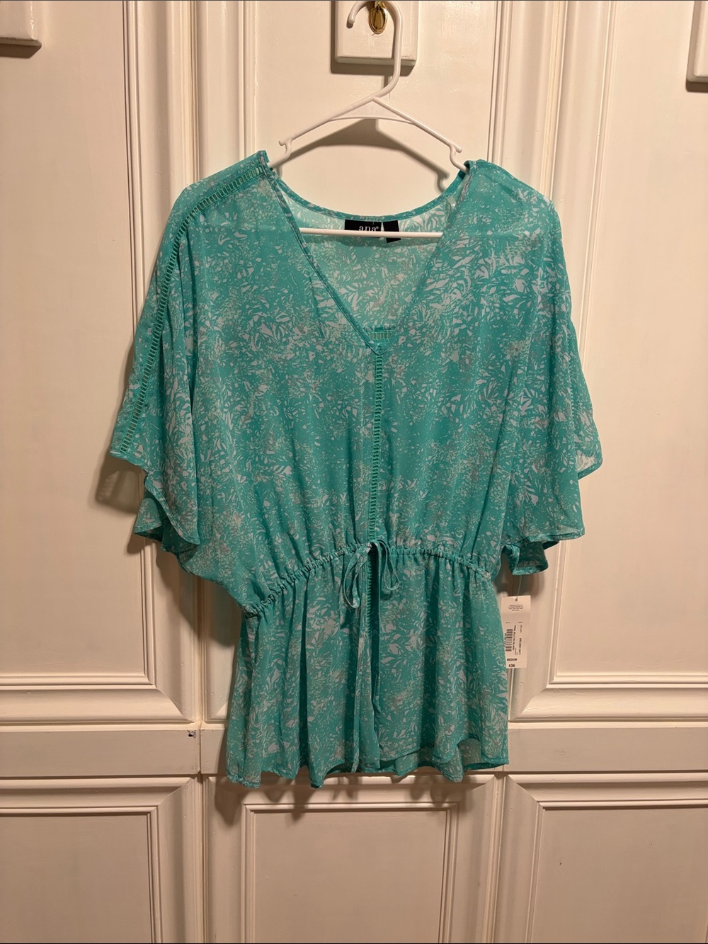 a.n.a Teal Floral Drawstring Waist Flutter Sleeve Top